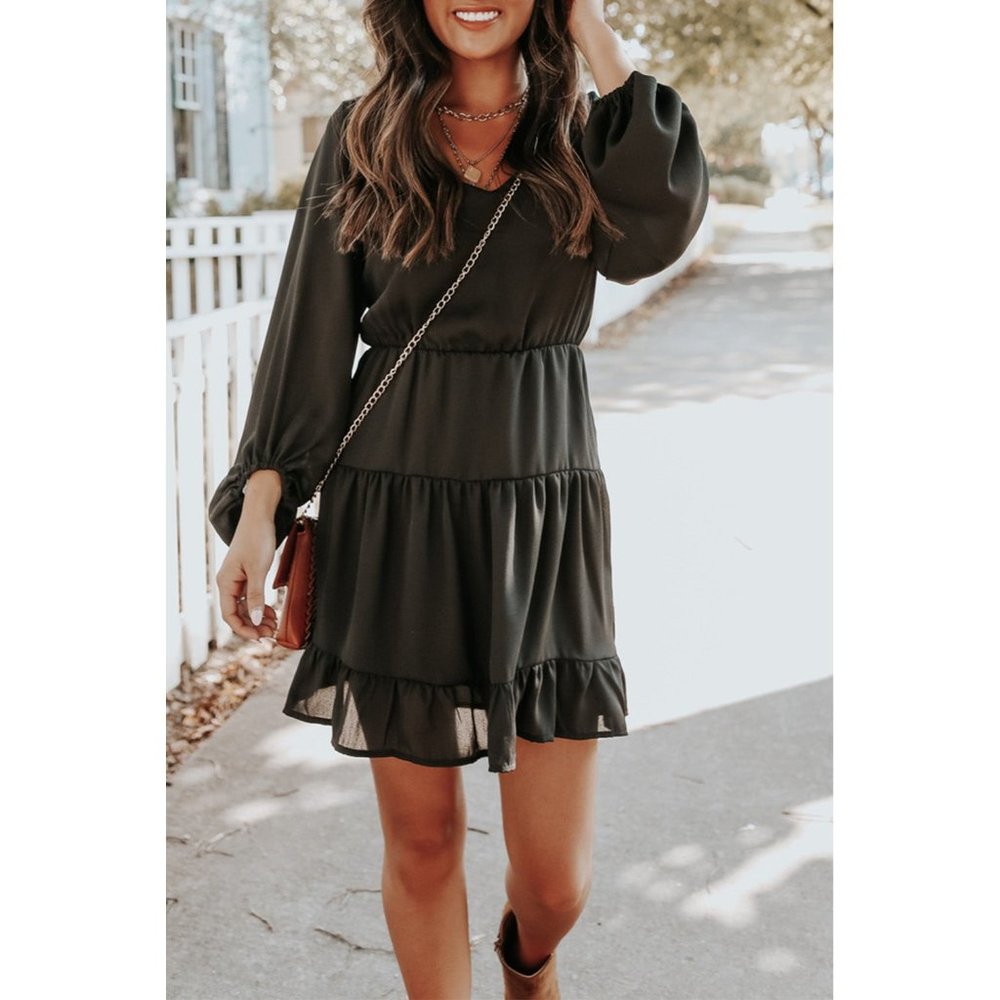 Black Tiered Ruffle Balloon Sleeve Dress - Picture 3 of 5